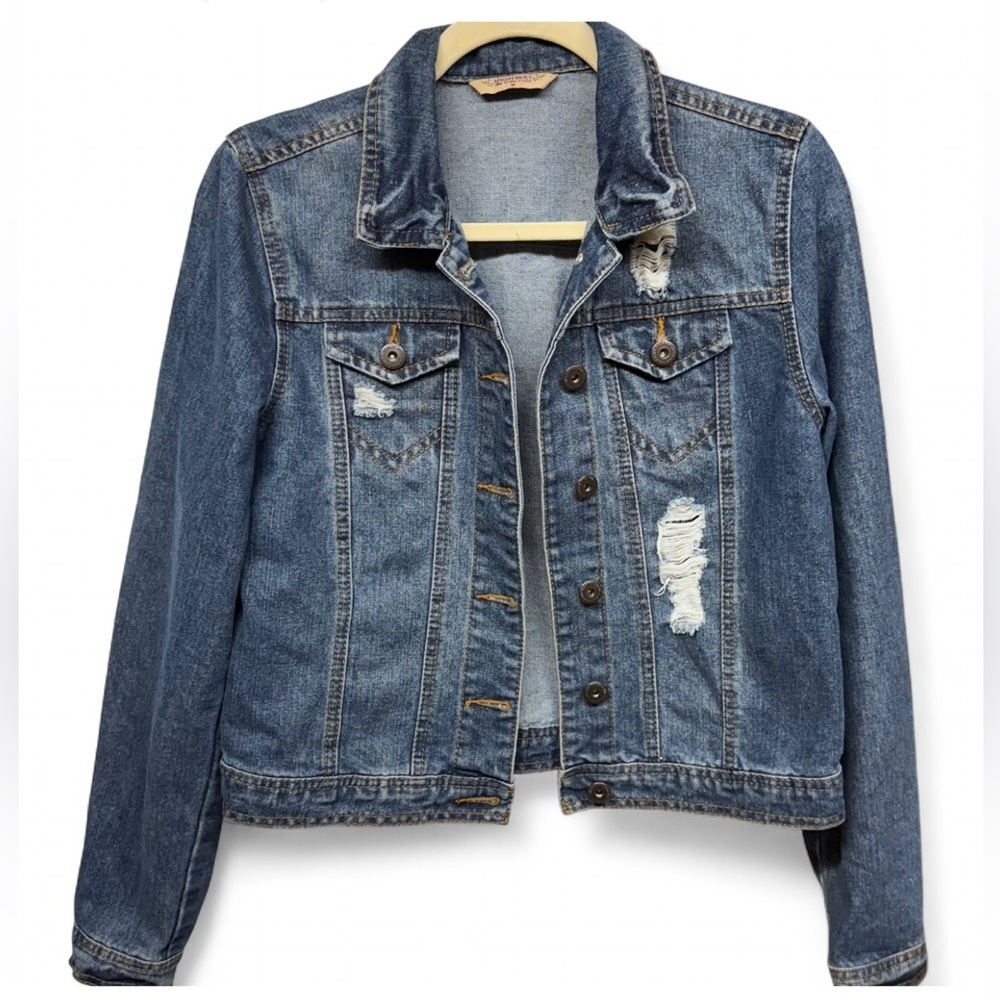 Highway Jeans Distressed Denim Jacket - Medium - Medium Wash Cropped Trucker